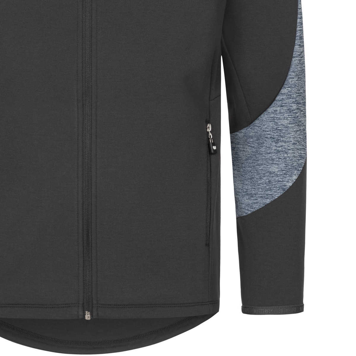 Butterfly Izumo Tracksuit: Close-up of left lower zipper pocket of Blue Jacket
